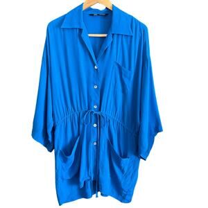ZARA Bright Blue Oversized Button Front Drawstring Waist Shirtdress Extra Small